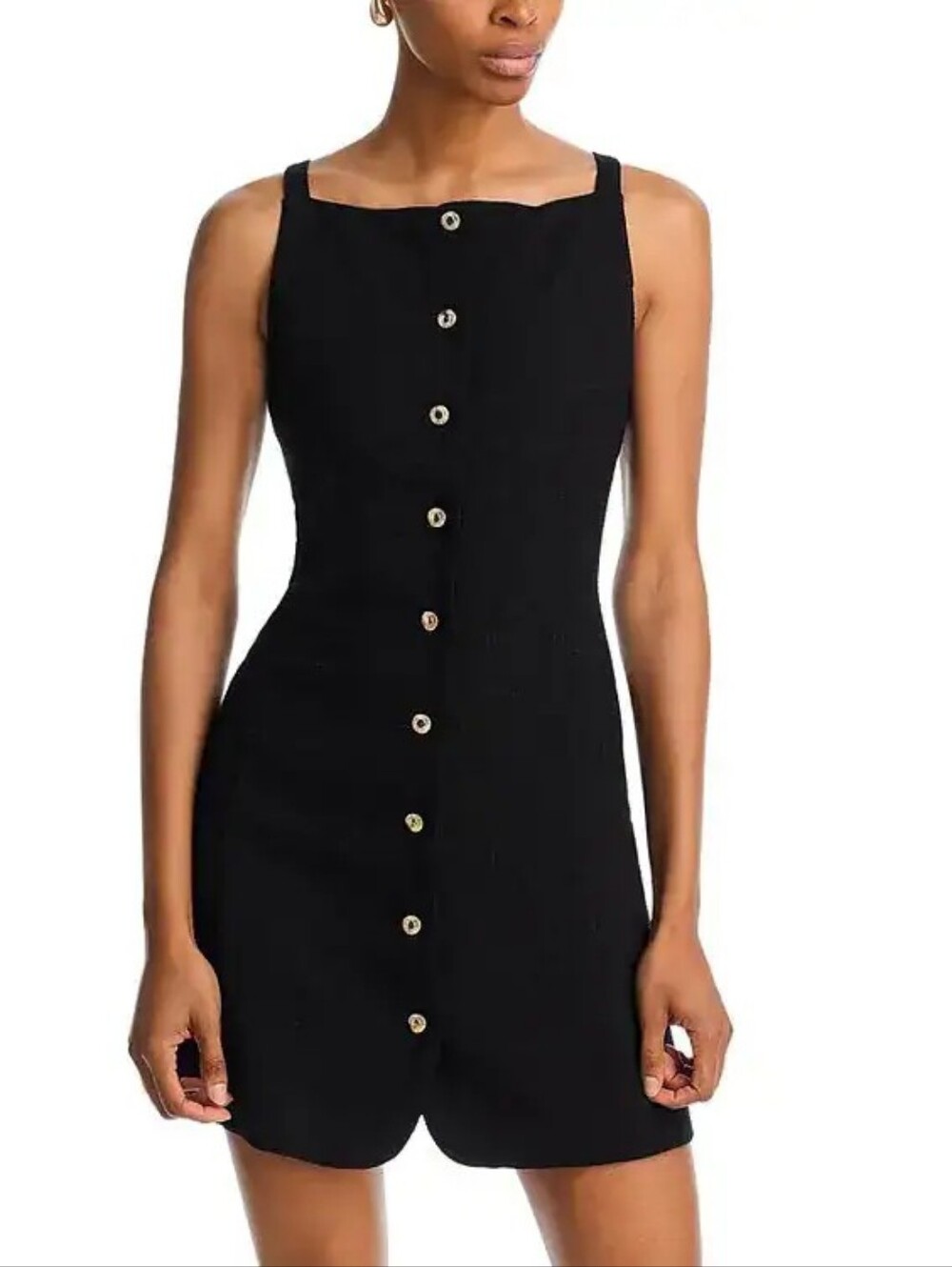 Wayf Black Sleeveless Shift Dress with Gold Buttons
